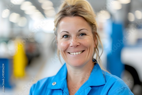 Portrait of a female mechanic working on a car engine in a car repair shop. 