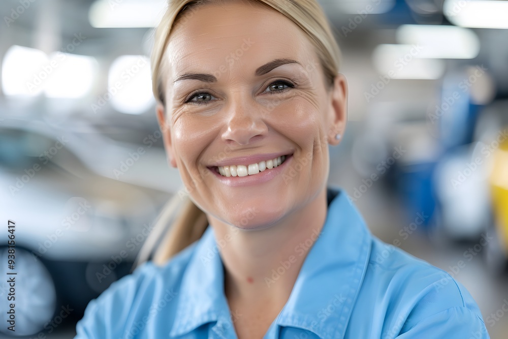 Portrait of a female mechanic working on a car engine in a car repair shop. Portrait of a female mechanic working on a car engine in a car repair shop.