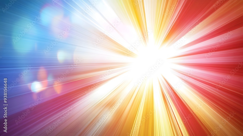 Fototapeta premium Lens Flare Effect: A bright, colorful lens flare spreading across the frame, with light rays fanning out on a white background. 