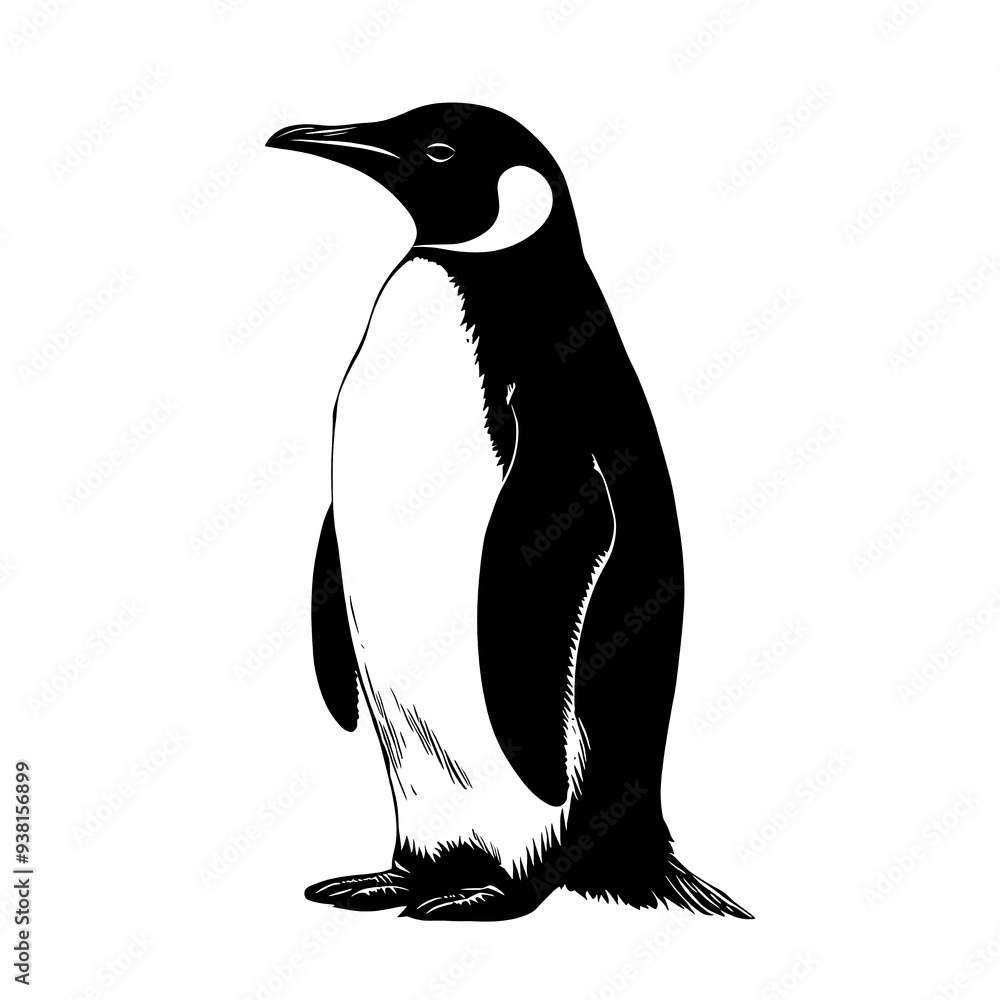 Fototapeta premium Black and white illustration of a penguin standing on a white background.