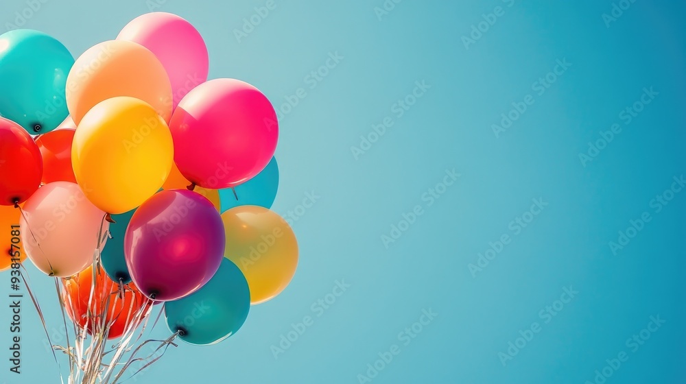 A cluster of colorful balloons in the lower left corner of the image, with a clear blue sky occupying the majority of the frame, providing plenty of room for text. A cluster of colorful balloons in the lower left corner of the image, with a clear blue sky occupying the majority of the frame, providing plenty of room for text.