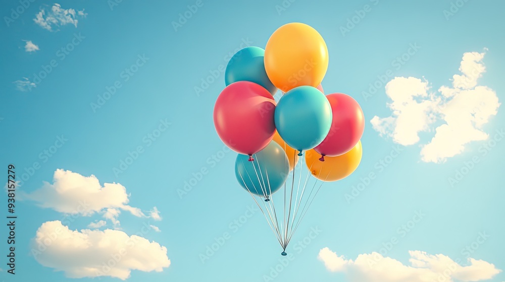 A colorful bunch of helium balloons floating in a clear blue sky, with a few fluffy white clouds in the background, symbolizing celebration and freedom. A colorful bunch of helium balloons floating in a clear blue sky, with a few fluffy white clouds in the background, symbolizing celebration and freedom.