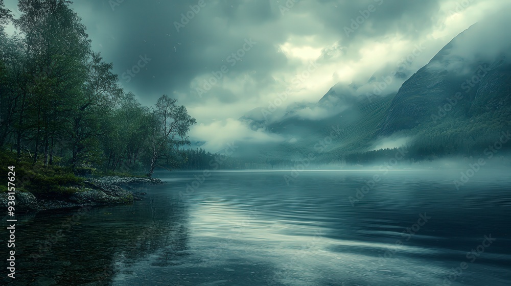 Fototapeta premium A tranquil mountain lake scene with fog rolling in, creating an ethereal atmosphere.