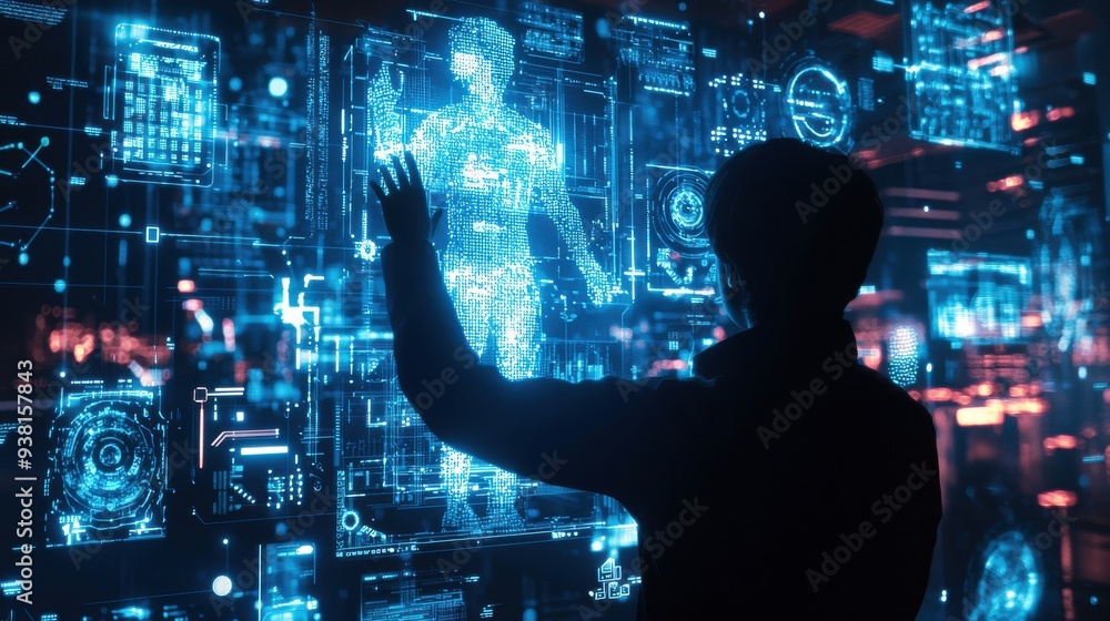 A person interacts with AI-generated holographic characters using a high-tech entertainment system in a virtual reality environment, where real and digital worlds blend seamlessly.
A person interacts with AI-generated holographic characters using a high-tech entertainment system in a virtual reality environment, where real and digital worlds blend seamlessly.