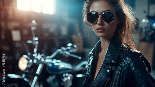 Confident woman in leather jacket and sunglasses standing by motorcycle in a dimly lit garage, exuding strength and style. photo