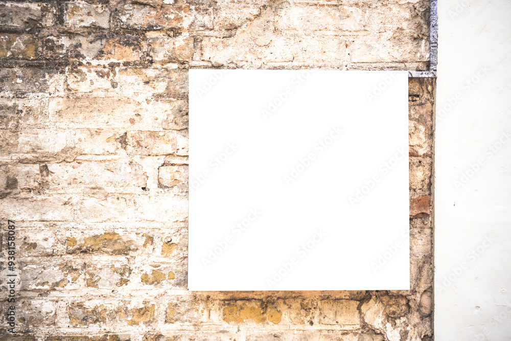 Mock up template. Blank rectangular signboard banner board on old wall outdoors Mock up template. Blank rectangular signboard banner board on old wall outdoors