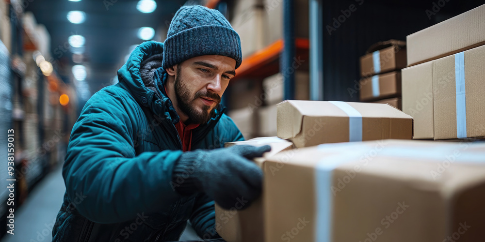 Delivery man unloads packages from a truck in the city, showcasing dedication in cold weather Delivery man unloads packages from a truck in the city, showcasing dedication in cold weather