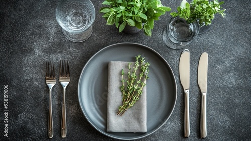 Elegant dining setup with speckled plate and wooden-handled cutlery on a text...