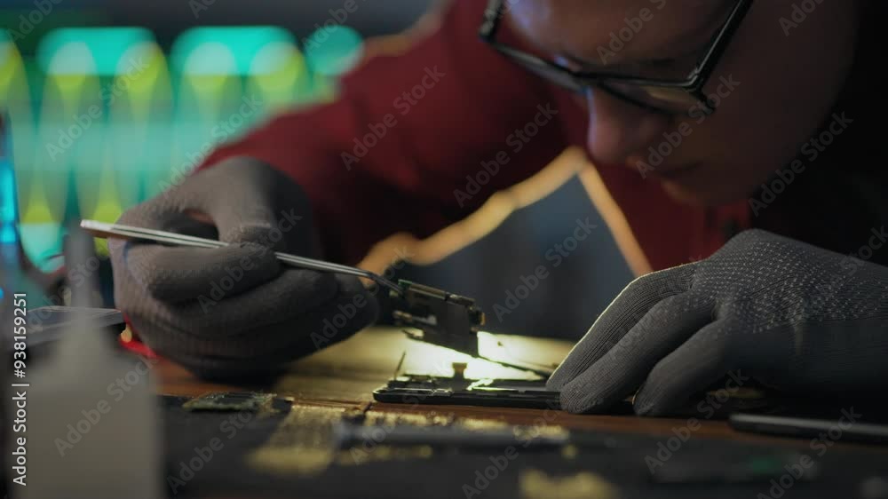 Repair. A workshop worker uses professional skills carefully using tweezers in electrical assembly shop. Close-up of a young European disassembling board components using diagnostic equipment, solder Repair. A workshop worker uses professional skills carefully using tweezers in electrical assembly shop. Close-up of a young European disassembling board components using diagnostic equipment, solder