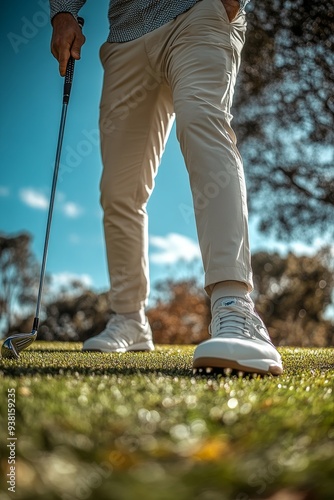 Golfer preparing to swing on a sunny day at a lush golf course