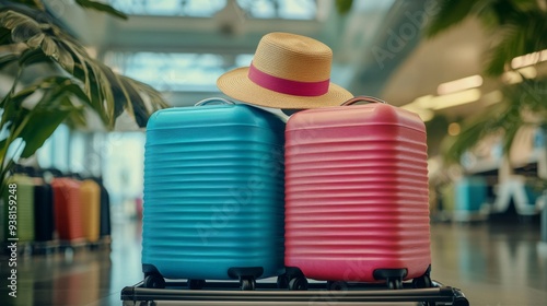 Colorful stacked luggage with a straw hat at a modern airport terminal