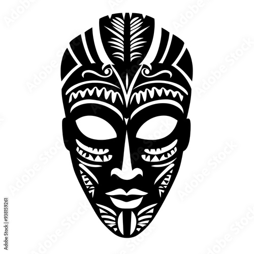 Black and white tribal mask with intricate patterns photo