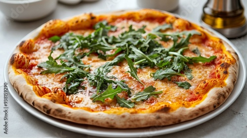 Freshly baked pizza topped with arugula served in a rustic restaurant setting