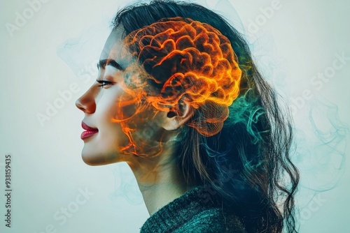Profile of a woman with a glowing brain pattern surrounded by an abstract digital background symbolizing the fusion of human intellect and modern technology