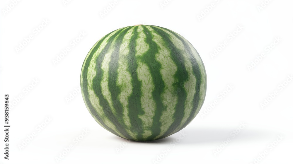 A whole green watermelon with dark green stripes, sitting on a white background. A whole green watermelon with dark green stripes, sitting on a white background.