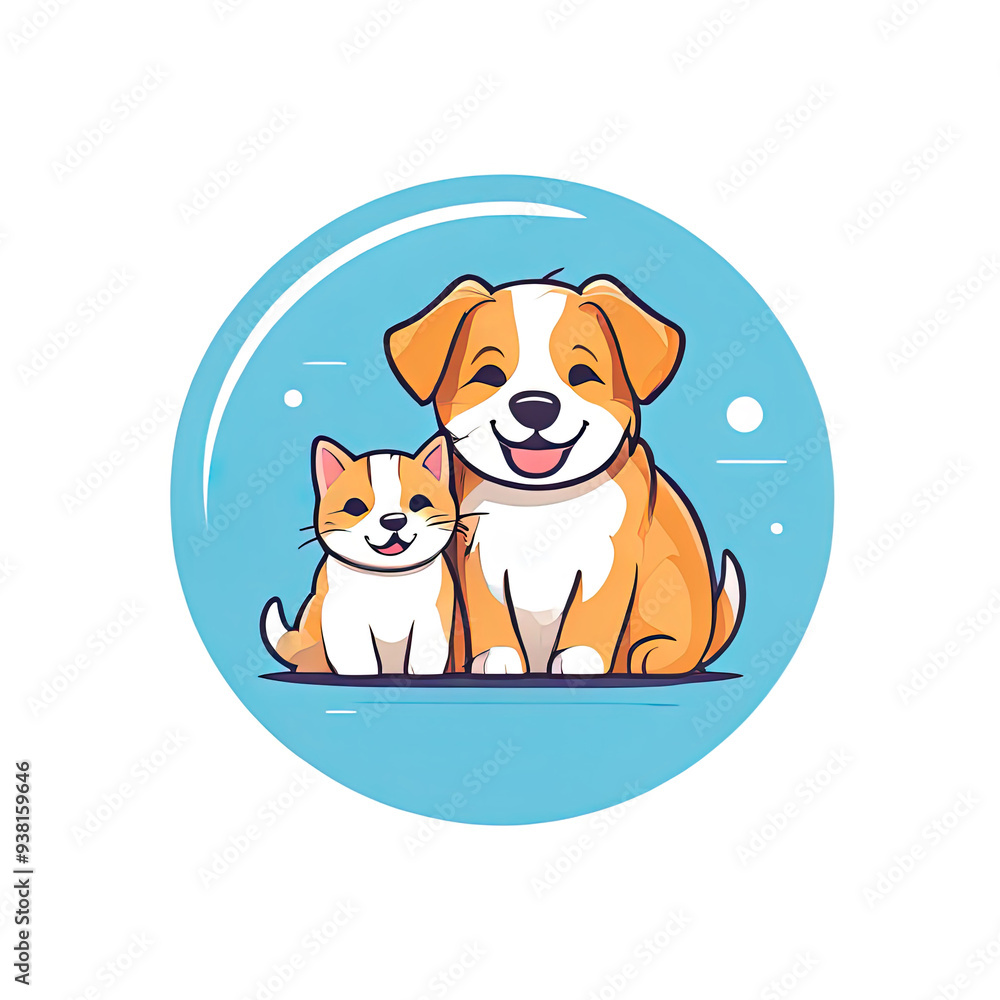 Fototapeta premium Cartoon dog and cat smiling in a blue circle.