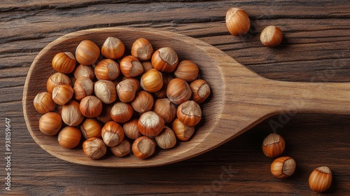 Hazelnuts in a wooden spoon on a dark stone surface
