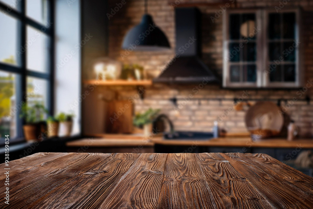 Obraz premium Cozy Kitchen Interior with a Wooden Tabletop, Perfect for Food Photography or Product Display