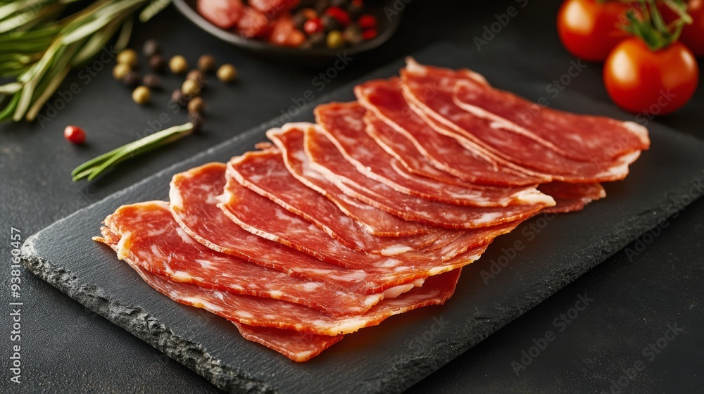 Slices of cured meat arranged on a black slate board in a kitchen setting Slices of cured meat arranged on a black slate board in a kitchen setting