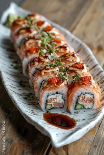Gourmet sushi roll with salmon and cucumber on a decorative plate