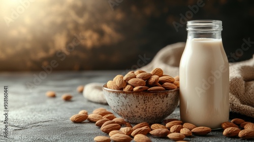 Almond milk in a bottle surrounded by almonds on a textured surface