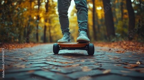 Person riding an electric skateboard on a cobblestone path during autumn in a...
