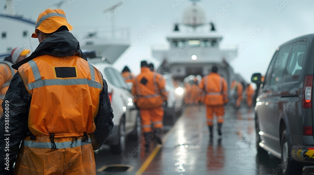 Ferry crew assisting vehicle loading transport Ferry crew assisting vehicle loading transport