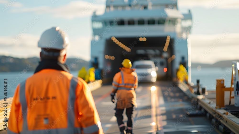 Ferry crew assisting vehicle loading transport Ferry crew assisting vehicle loading transport