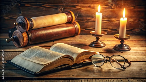 A worn leather-bound Torah lies open on a wooden table, surrounded by sacred texts, candles, and a pair of reading glasses, evoking a sense of devotion and scholarship. photo