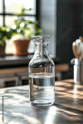 Water bottle and glass on a wooden table with plants in a bright kitchen setting