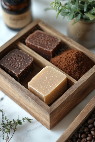 Handmade soap and natural ingredients in wooden box on marble surface