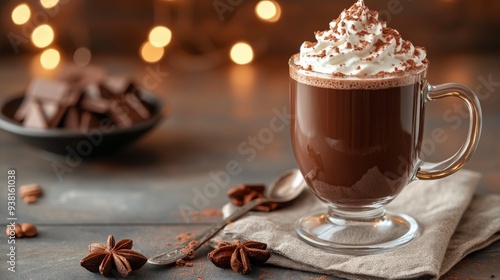 Creamy hot chocolate topped with whipped cream and chocolate shavings on a wo...