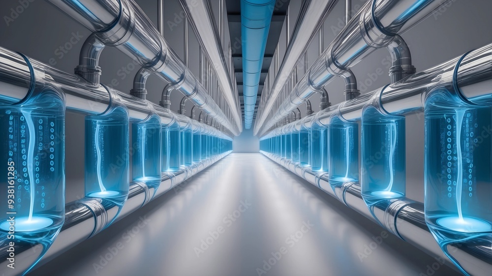Obraz premium The Pulse of Technology: A futuristic corridor illuminated by glowing blue energy conduits, hinting at advanced power or data transmission in a sleek, industrial setting. 