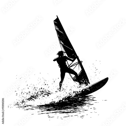 Silhouette of a windsurfer riding a wave. photo