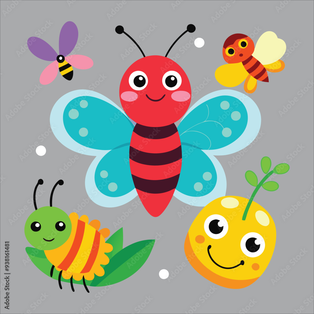 Obraz premium Friendly Insects - Cute Cartoon Icons of Smiling Butterflies, Playful Ladybugs, Cheerful Bees, and Winking Caterpillars 