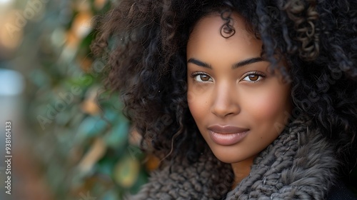 Beautiful Woman with Curly Hair Looking Confidently