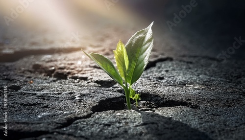 アスファルトのひび割れから力強く芽を出す植物、シンプルでイラスト風に表現する Generated by AI
