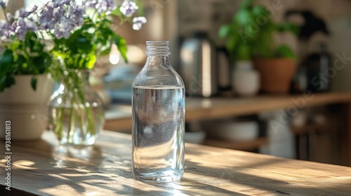 Clear glass of water beside a plastic bottle on a kitchen countertop
