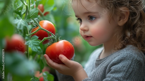 Young child picking a ripe tomato in a greenhouse during a sunny afternoon