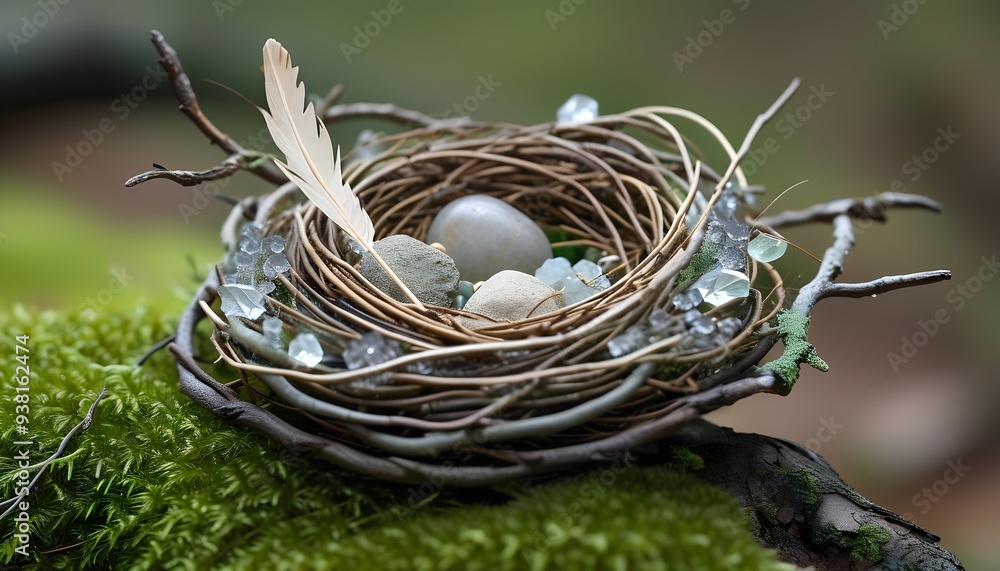 A bird's nest delicately crafted with twigs, adorned with shimmering quartz crystals and a soft, white feather. Inside, nestled amongst the crystals A bird's nest delicately crafted with twigs, adorned with shimmering quartz crystals and a soft, white feather. Inside, nestled amongst the crystals