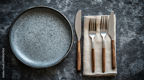 Elegant dining setup with speckled plate and wooden-handled cutlery on a text...