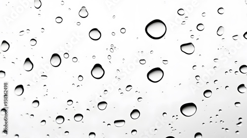 Rain Drops on Glass: Raindrops beading on a transparent surface, creating a refractive effect against a white background. 