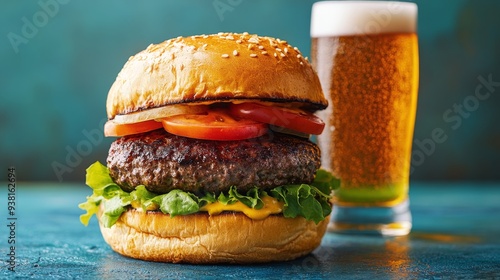 Juicy hamburger with fresh toppings and a cold beer on a turquoise table