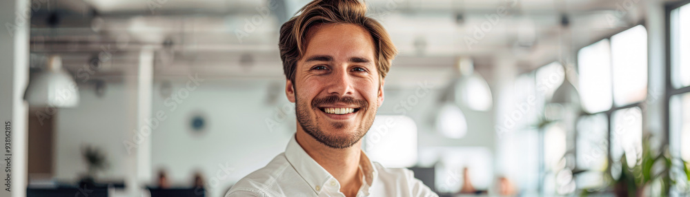 Fototapeta premium A man with a beard and a smile is standing in front of a window