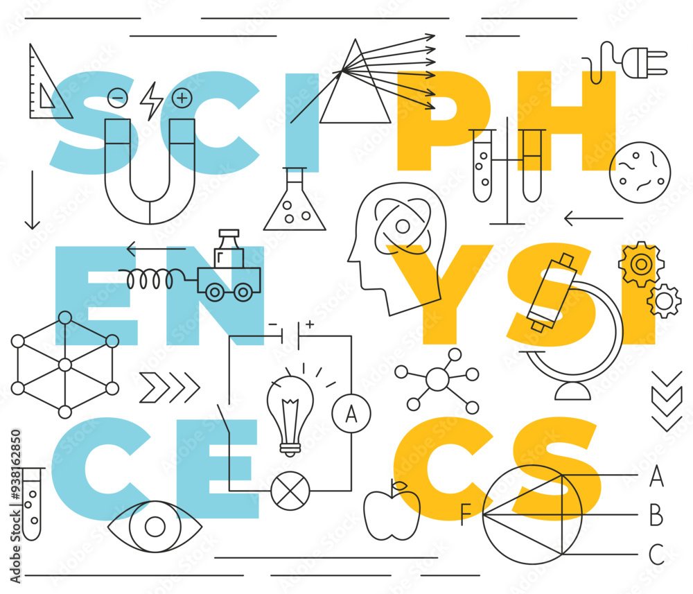 Science Physics Line Concept. Vector Illustration of Education Outline Poster. Linear Laboratory Subject Sign. Science Physics Line Concept. Vector Illustration of Education Outline Poster. Linear Laboratory Subject Sign.