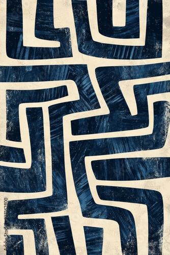 Abstract blue maze pattern on weathered wall with textured surface