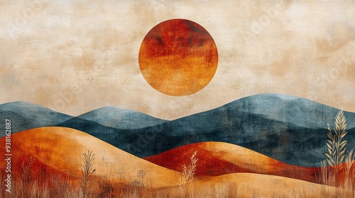 Abstract sunset over rolling hills with warm colors in a tranquil landscape