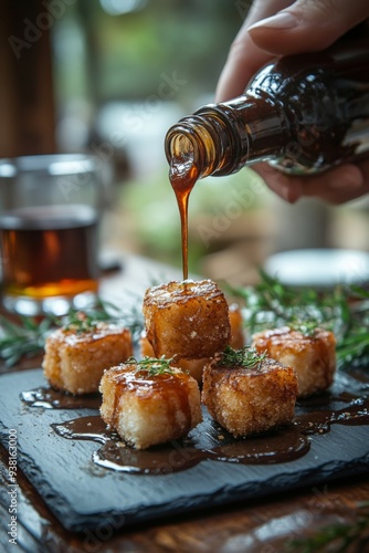 Hand drizzling sauce over crispy fried food on a slate plate