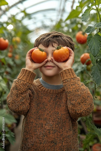 Boy in a sweater holding tomatoes in a greenhouse filled with plants on a sun...