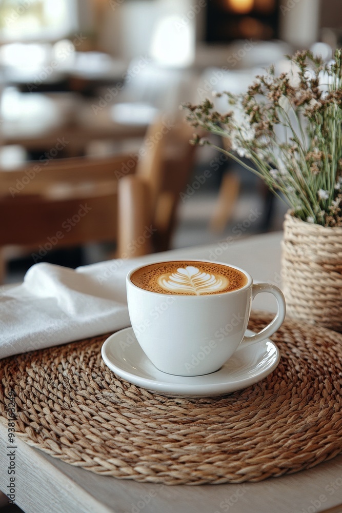 Warm latte served in a cozy cafe surrounded by lush greenery in the afternoon light Warm latte served in a cozy cafe surrounded by lush greenery in the afternoon light